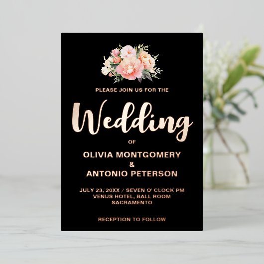 光エレガントモダンピンク牡丹黒結婚箔 箔招待状 (立ち正面)