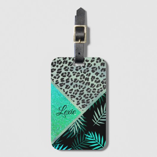 光カスタマイズ輝ティール（緑がかった色）トロピカルヒョウ ラゲッジタグ (正面縦)