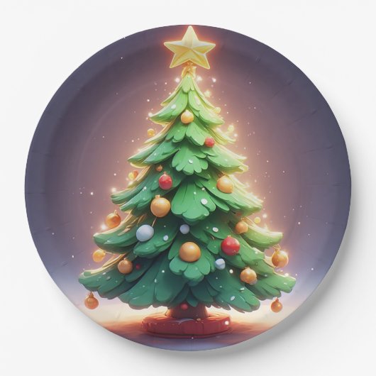 光カラフル付き飾のクリスマスの木 ペーパープレート (正面)