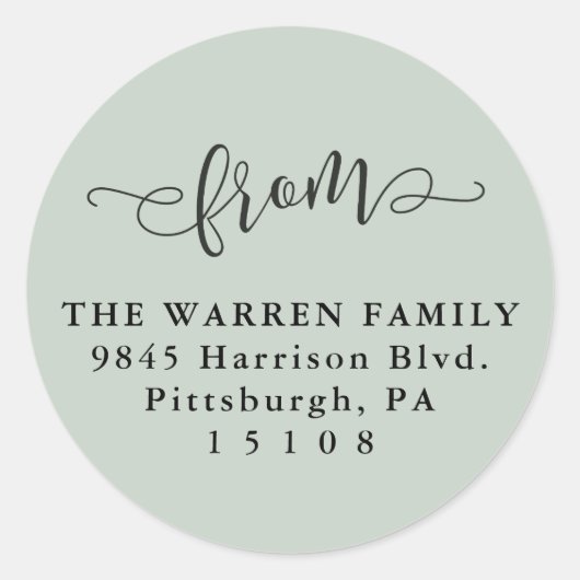 光シンプル緑スクリプト差出人住所 ラウンドシール (正面)