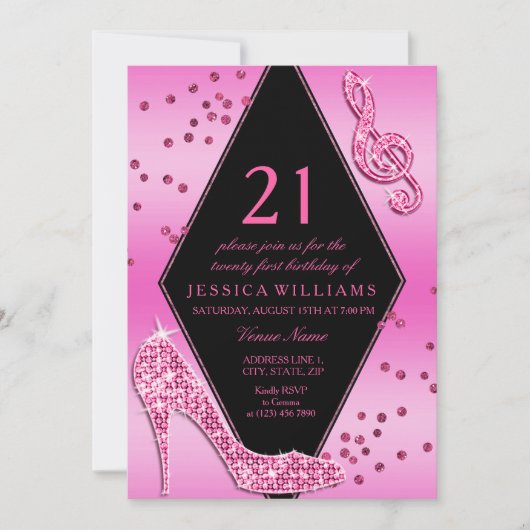 光スタイリッシュかわいらしるピンク21歳の誕生日 招待状 (正面)