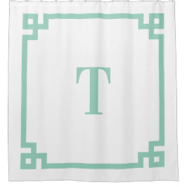 光ティール（緑がかった色）ギリシャ鍵シンプルモノグラム シャワーカーテン
