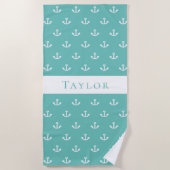 光ティール（緑がかった色）グリーンいかりホワイトモノグラ航海のム ビーチタオル (正面)