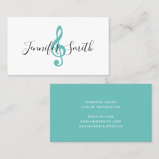 光ティール（緑がかった色）トレブルクレフ、 音符記号ミュージシャンインストラクター 名刺 (正面/裏面)