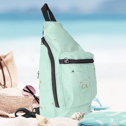 光ティール（緑がかった色）ミニマリストモノグラム金ゴールド飛行機 スリングバッグ