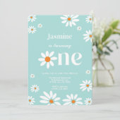 光ティール（緑がかった色）レトログルービーデイジー花模様1st誕生日 招待状 (スタンド正面)