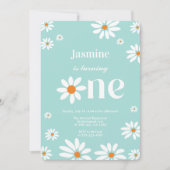 光ティール（緑がかった色）レトログルービーデイジー花模様1st誕生日 招待状 (正面)