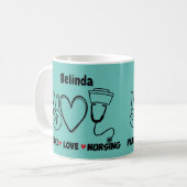 光ティール（緑がかった色）平和ラブナーシング感謝 コーヒーマグカップ (正面左)