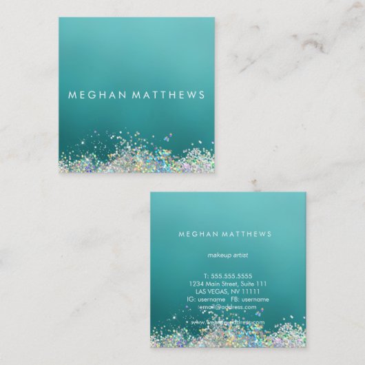 光ティール（緑がかった色）銀かわいらし輝メークアップアーティスト スクエア名刺 (正面/裏面)