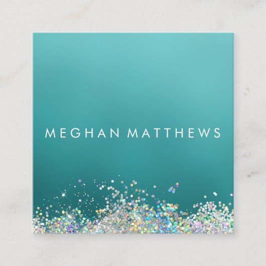 光ティール（緑がかった色）銀かわいらし輝メークアップアーティスト スクエア名刺 (正面)