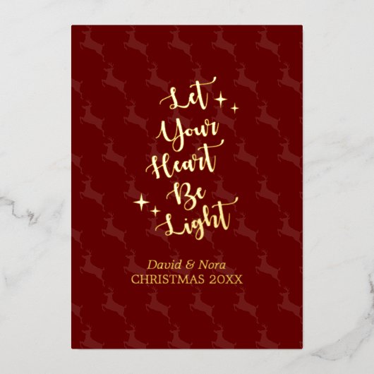 光ハートトナカイパーソナライズされたのクリスマスフォト 箔シーズンカード (正面)