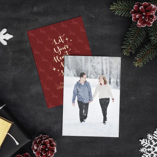 光ハートトナカイパーソナライズされたのクリスマスフォト 箔シーズンカード