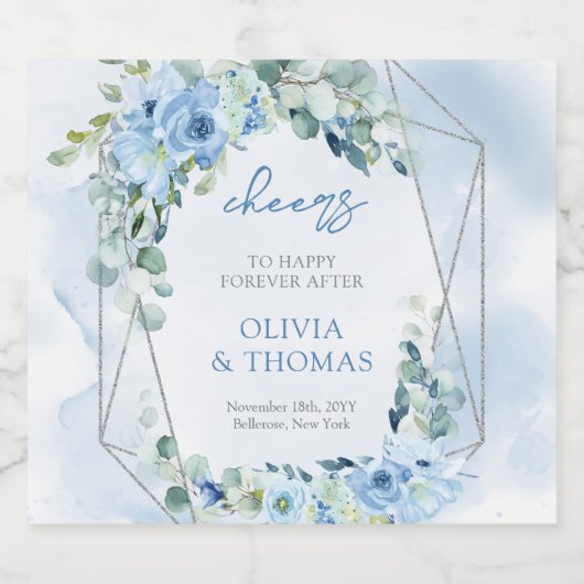 光パステルエレガントブルーの花とユーカリ リキュールボトルラベル (シングルラベル)