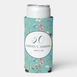 光フェミニンティール（緑がかった色）フローラワイルドフラワーパターン スリム缶クーラー