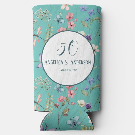 光フェミニンティール(緑がかった色)フローラワイルドフラワーパターン スリム缶クーラー (裏面)