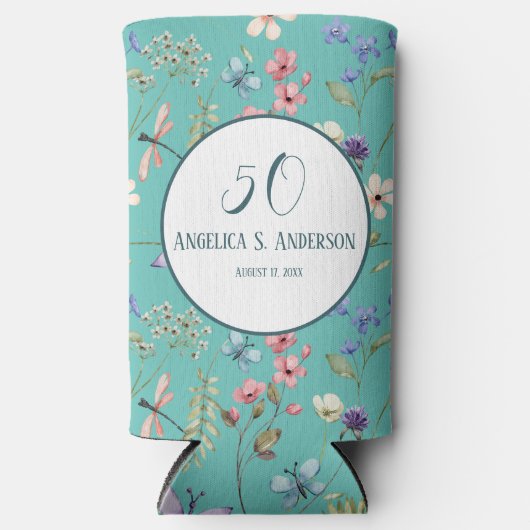 光フェミニンティール(緑がかった色)フローラワイルドフラワーパターン スリム缶クーラー (正面)