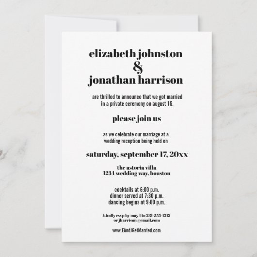 光モダンはっきりしたたった今結婚しました披露宴トレンディー 招待状 (裏面)