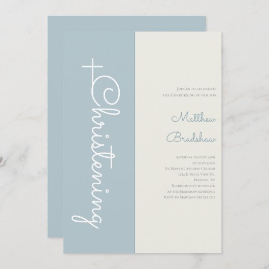 光モダンエレガント青男の赤ちゃん《キリスト教》洗礼式や命名式 招待状 (正面/裏面)
