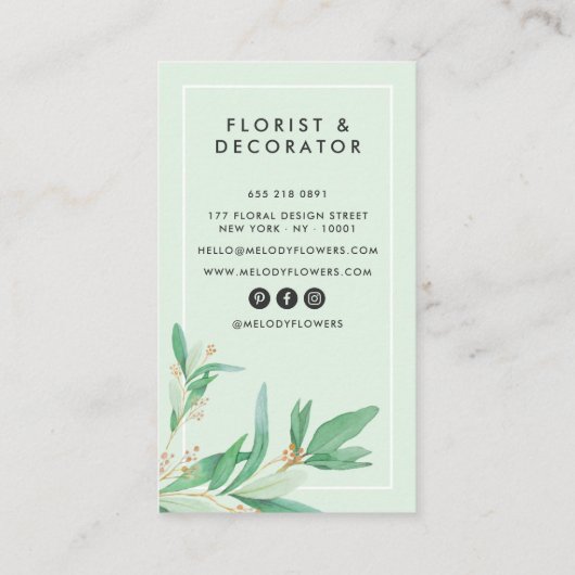 光モダンティール(緑がかった色)エレガント植物学ミニマル 名刺 (裏面)