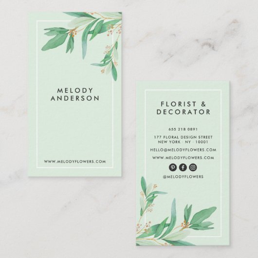 光モダンティール(緑がかった色)エレガント植物学ミニマル 名刺 (正面/裏面)