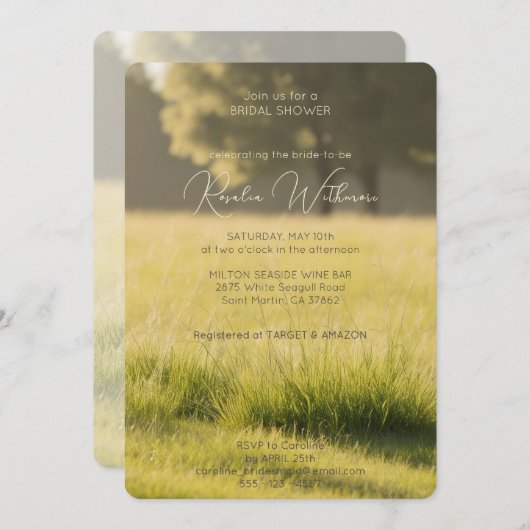 光モダン緑の牧草地ブライダルシャワー 招待状 (正面/裏面)