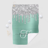 光モノグラムのティール（緑がかった色）シルバー滴下グリッター ゴルフタオル (インサイチュ)
