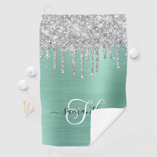 光モノグラムのティール(緑がかった色)シルバー滴下グリッター ゴルフタオル (インサイチュ)