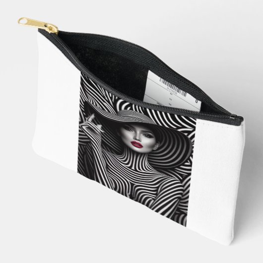 "光学錯覚シック – はっきりしたコスメストライプのティックバッグ アクセサリーポーチ (見開き)