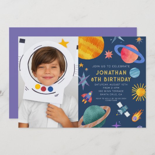 光宇宙飛行士の惑星宇宙ボーイ誕生日 招待状 (正面/裏面)