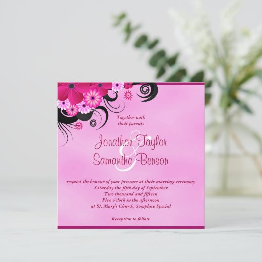 光明るい赤紫色マゼン結婚タフローラの5.25インチ招待状 招待状 (スタンド正面)