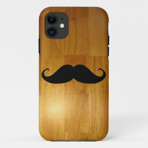 光沢がある木製の質の背景のおもしろいな髭 iPhone 11 ケース
