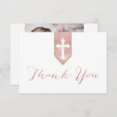 光沢がある赤面のばら色の原稿の洗礼の十字は感謝していしています サンキューカード (正面/裏面)