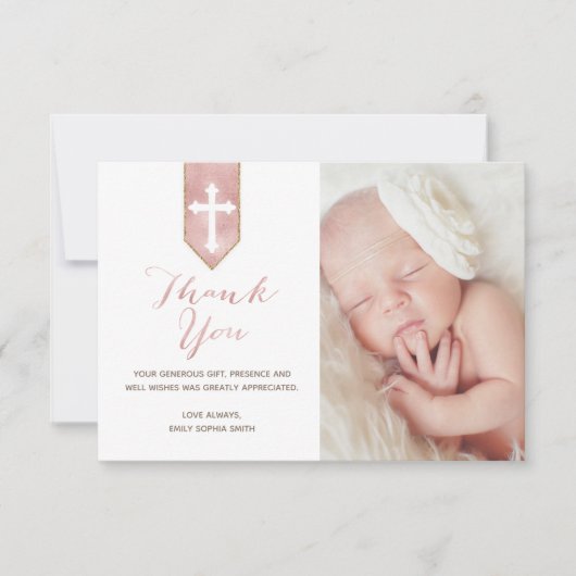 光沢がある赤面のばら色の原稿の洗礼は写真感謝していしています サンキューカード (正面)