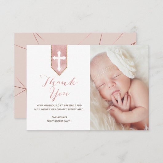 光沢がある赤面のばら色の原稿の洗礼は写真感謝していしています サンキューカード (正面/裏面)