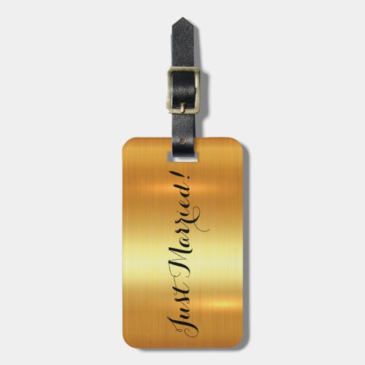 光沢がある金ゴールドのたった今結婚しましたの新婚旅行の荷物のラベル ラゲッジタグ (正面縦)