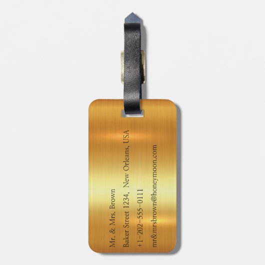 光沢がある金ゴールドのたった今結婚しましたの新婚旅行の荷物のラベル ラゲッジタグ (裏面縦)
