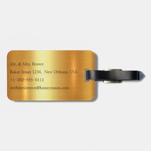 光沢がある金ゴールドのたった今結婚しましたの新婚旅行の荷物のラベル ラゲッジタグ (裏面横)