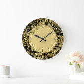 光沢がある金ゴールドのヴィンテージの花柄のダマスク織 ラージ壁時計 (ホーム)