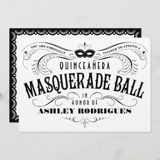 光沢がある銀製のキンセアニェラの仮面舞踏会の招待状 招待状 (正面/裏面)