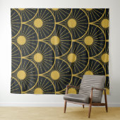 光沢のあるアールデコ金ゴールドの太陽のパターン（黒） タペストリー (インサイチュ(横))