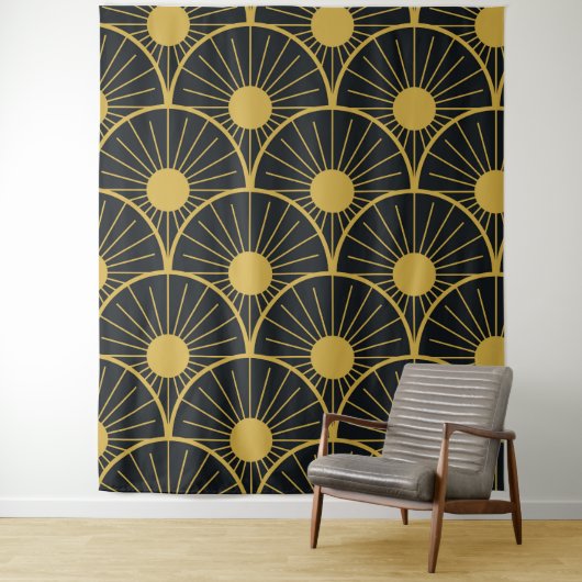 光沢のあるアールデコ金ゴールドの太陽のパターン（黒） タペストリー (インサイチュ)
