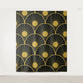 光沢のあるアールデコ金ゴールドの太陽のパターン（黒） タペストリー (正面)