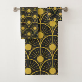 光沢のあるアールデコ黒と金ゴールドの太陽のパターン バスタオルセット