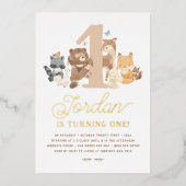 光沢のあるウッドランド動物最初の誕生日パーティー 箔招待状 (正面)