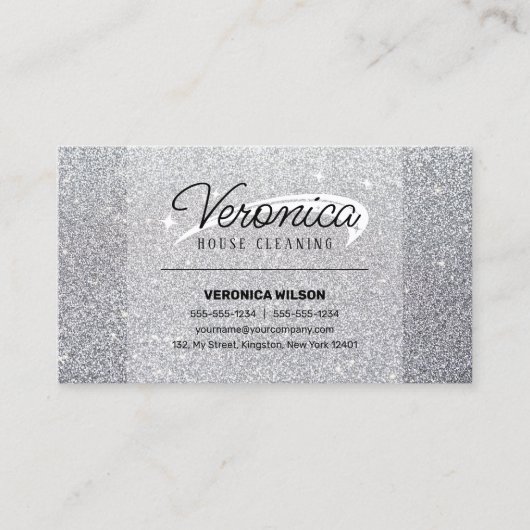 光沢のあるエレガント銀グリッターメイドハウスクリーニング 名刺 (正面)
