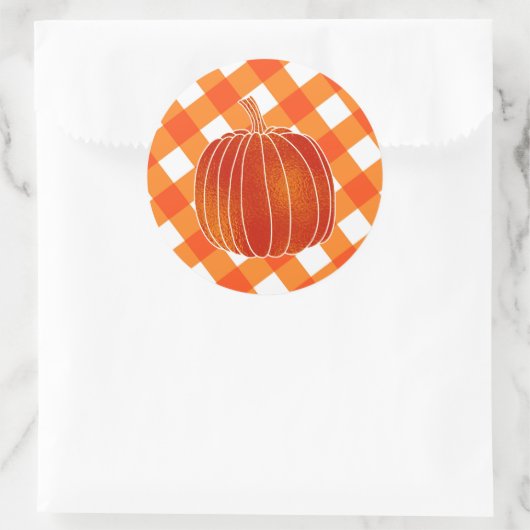 光沢のあるオレンジ色の秋のカボチャのプレイドチェッカーの恩恵 ラウンドシール (バッグ)