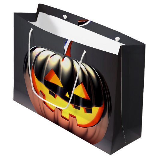 光沢のあるカボチャのハロウィーン ラージペーパーバッグ (正面アングル)