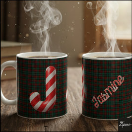 光沢のあるキャンディケーンストライプのクリスマスイニシャル J コーヒーマグカップ