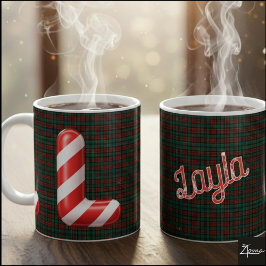 光沢のあるキャンディケーンストライプのクリスマスイニシャル「L」 コーヒーマグカップ