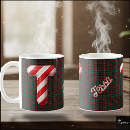 光沢のあるキャンディケーンストライプのクリスマスイニシャル「T」 コーヒーマグカップ